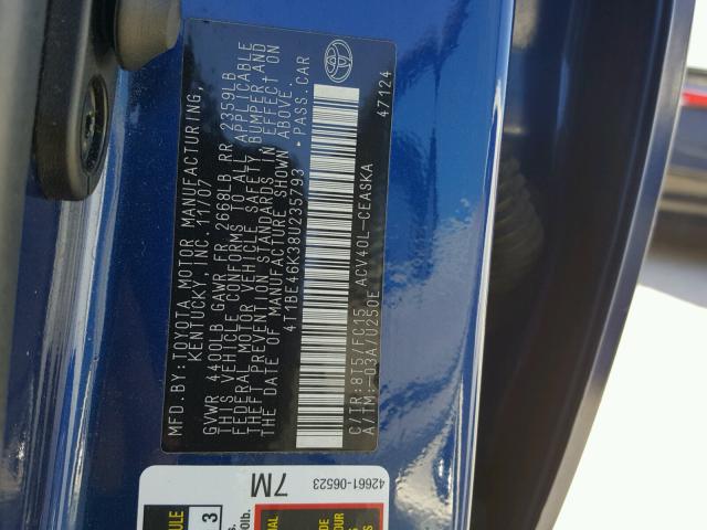 4T1BE46K38U235793 - 2008 TOYOTA CAMRY CE BLUE photo 10