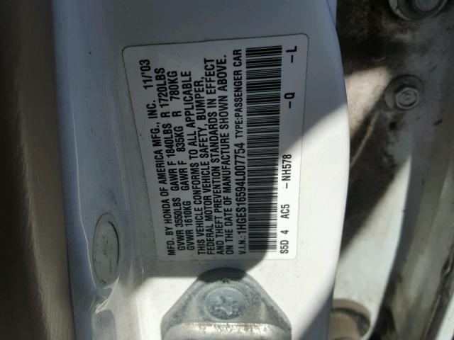 1HGES16594L007754 - 2004 HONDA CIVIC LX WHITE photo 10