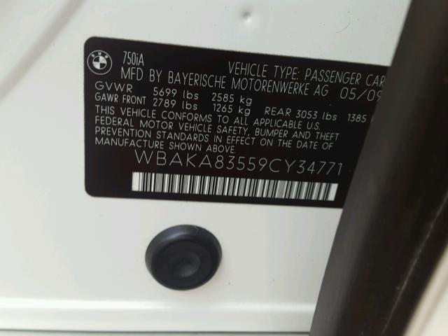 WBAKA83559CY34771 - 2009 BMW 750 I WHITE photo 10