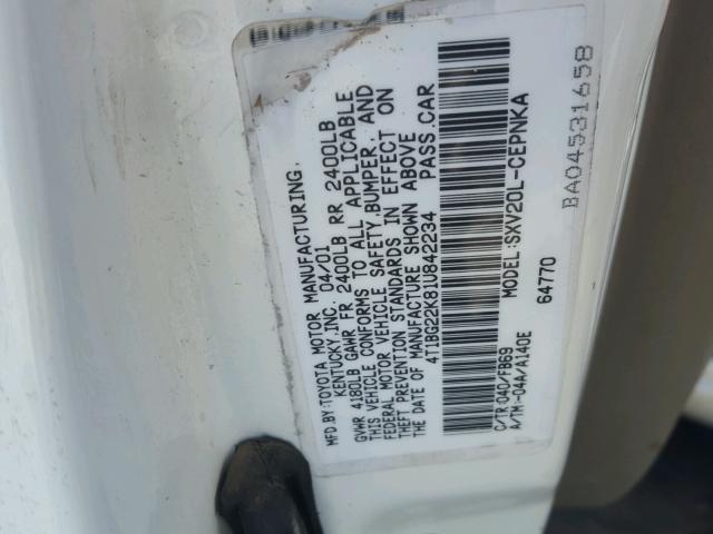 4T1BG22K81U842234 - 2001 TOYOTA CAMRY CE WHITE photo 10