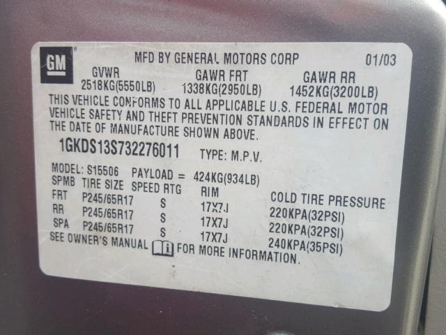 1GKDS13S732276011 - 2003 GMC ENVOY GRAY photo 10