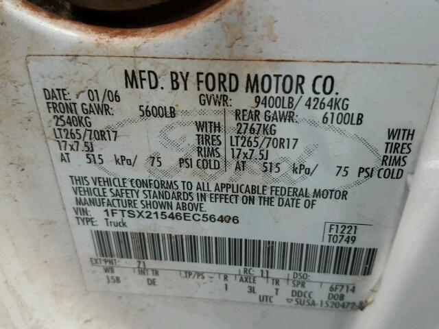 1FTSX21546EC56406 - 2006 FORD F250 SUPER WHITE photo 10