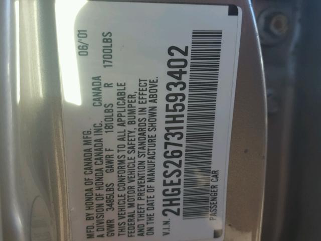 2HGES26731H593402 - 2001 HONDA CIVIC EX ოქროსფერი ფოტო 10