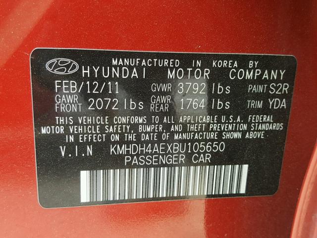 KMHDH4AEXBU105650 - 2011 HYUNDAI ELANTRA GL BURGUNDY photo 10