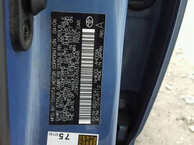 JTDKB20U963184248 - 2006 TOYOTA PRIUS BLUE photo 10