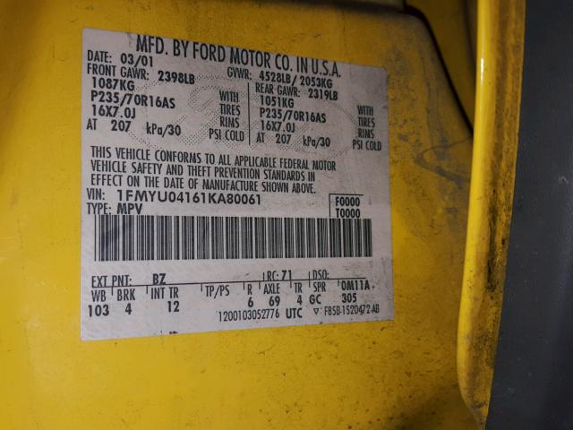 1FMYU04161KA80061 - 2001 FORD ESCAPE XLT YELLOW photo 10