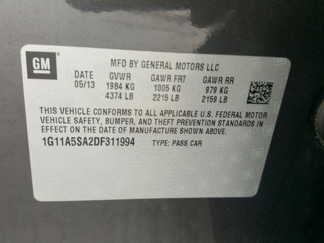 1G11A5SA2DF311994 - 2013 CHEVROLET MALIBU LS ნაცრისფერი ფოტო 10