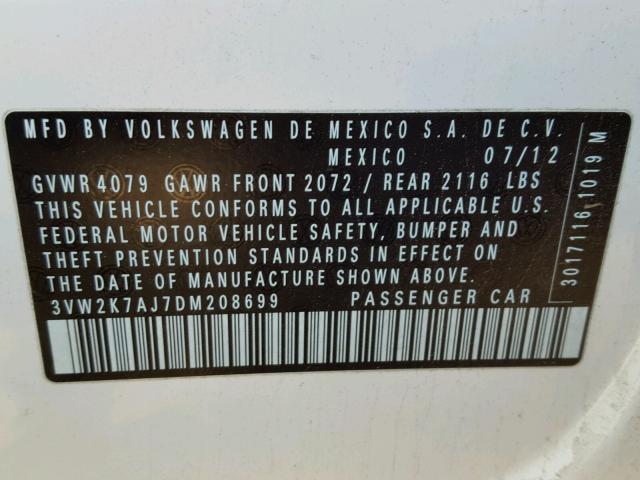 3VW2K7AJ7DM208699 - 2013 VOLKSWAGEN JETTA BASE WHITE photo 10