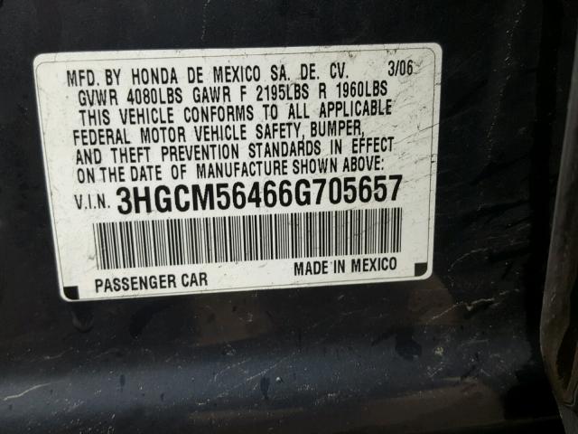 3HGCM56466G705657 - 2006 HONDA ACCORD LX BLUE photo 10