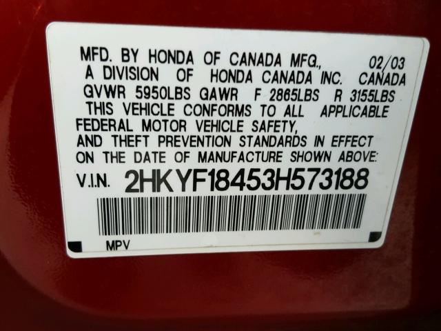 2HKYF18453H573188 - 2003 HONDA PILOT EX RED photo 10