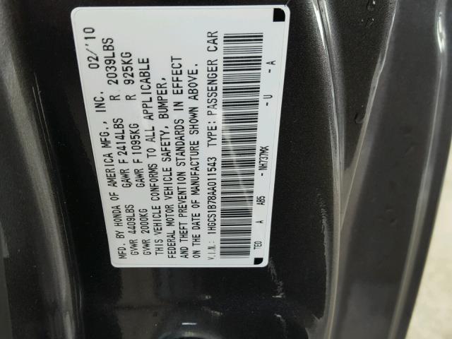 1HGCS1B78AA011543 - 2010 HONDA ACCORD EX CHARCOAL photo 10