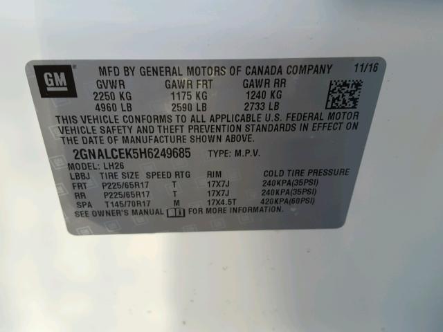 2GNALCEK5H6249685 - 2017 CHEVROLET EQUINOX LT WHITE photo 10