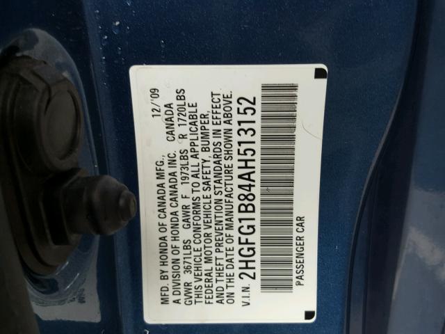 2HGFG1B84AH513152 - 2010 HONDA CIVIC EX Mavi foto 10