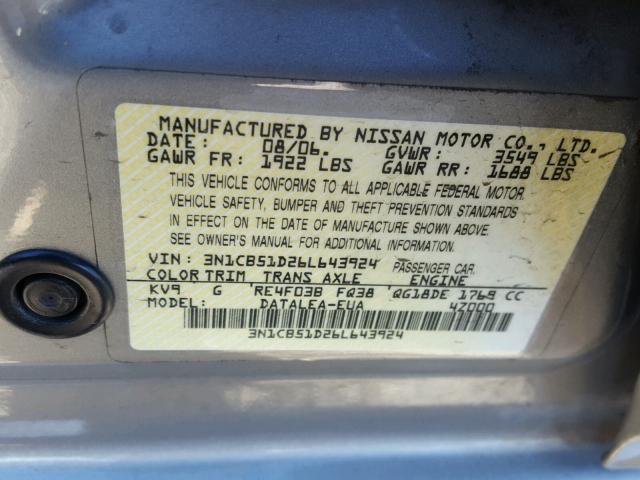 3N1CB51D26L643924 - 2006 NISSAN SENTRA 1.8 GOLD photo 10