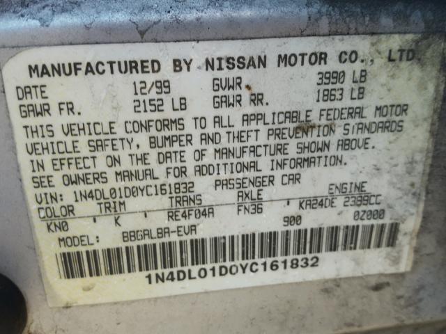 1N4DL01D0YC161832 - 2000 NISSAN ALTIMA XE SILVER photo 10