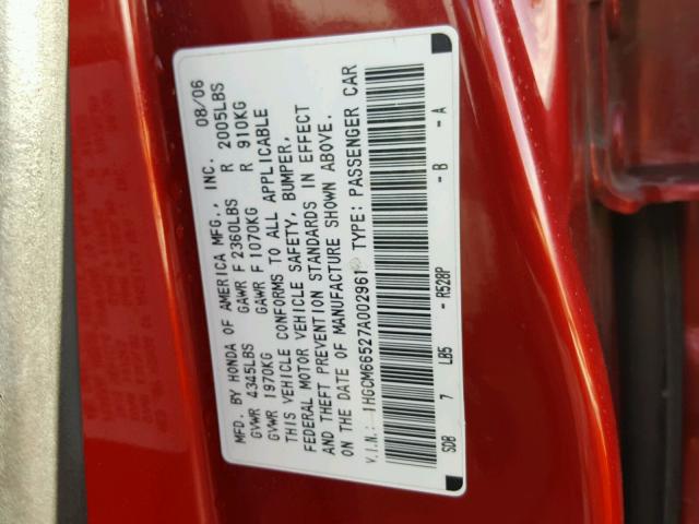 1HGCM66527A002961 - 2007 HONDA ACCORD EX RED photo 10