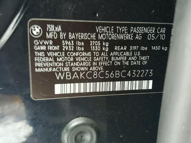 WBAKC8C56BC432273 - 2011 BMW 750 LI BLUE photo 10