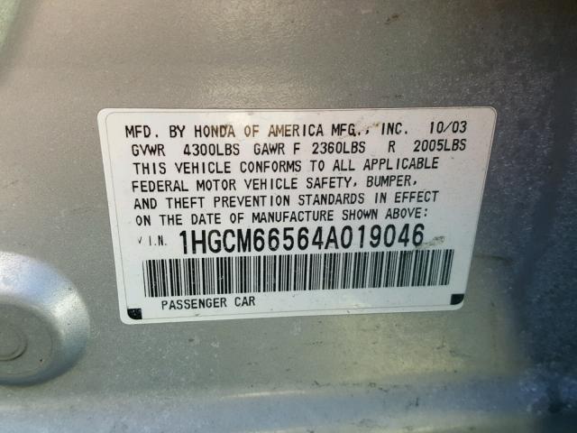 1HGCM66564A019046 - 2004 HONDA ACCORD EX SILVER photo 10