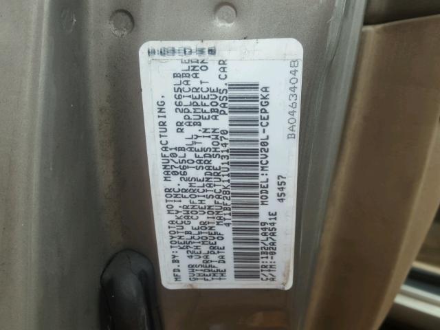 4T1BF28K11U131470 - 2001 TOYOTA CAMRY LE GRAY photo 10