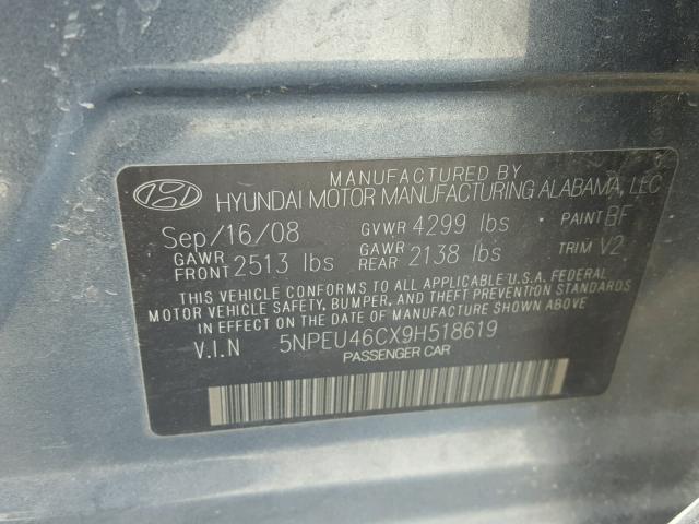 5NPEU46CX9H518619 - 2009 HYUNDAI SONATA SE CHARCOAL photo 10