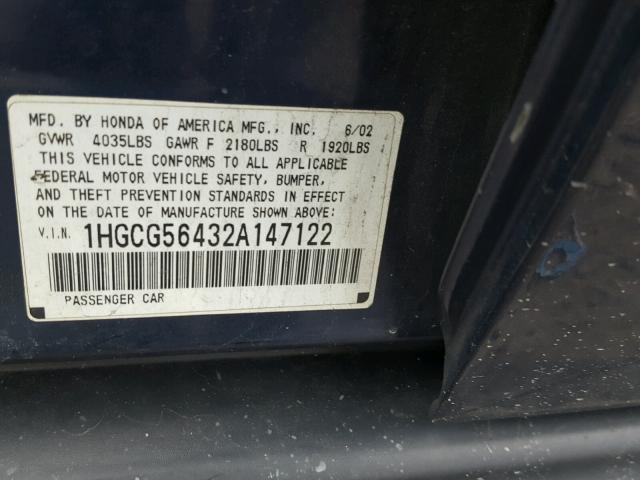 1HGCG56432A147122 - 2002 HONDA ACCORD LX BLUE photo 10