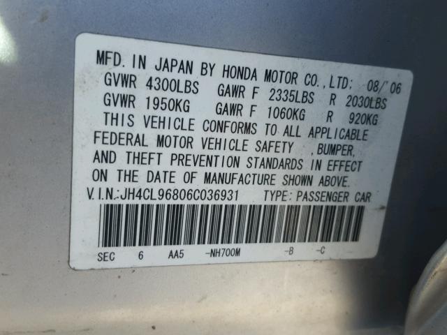 JH4CL96806C036931 - 2006 ACURA TSX SILVER photo 10