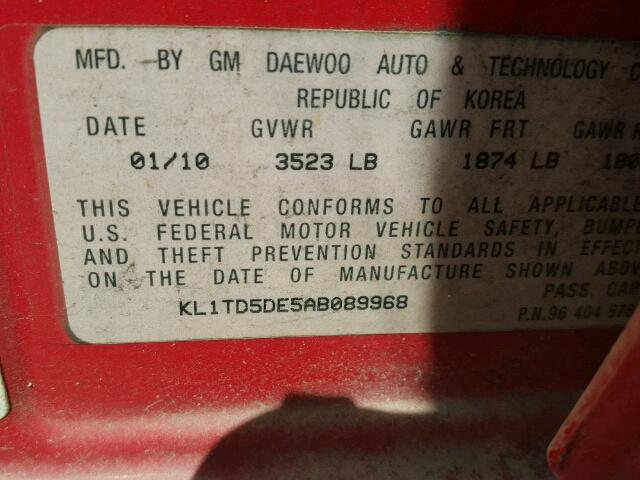 KL1TD5DE5AB089968 - 2010 CHEVROLET AVEO LS RED photo 10