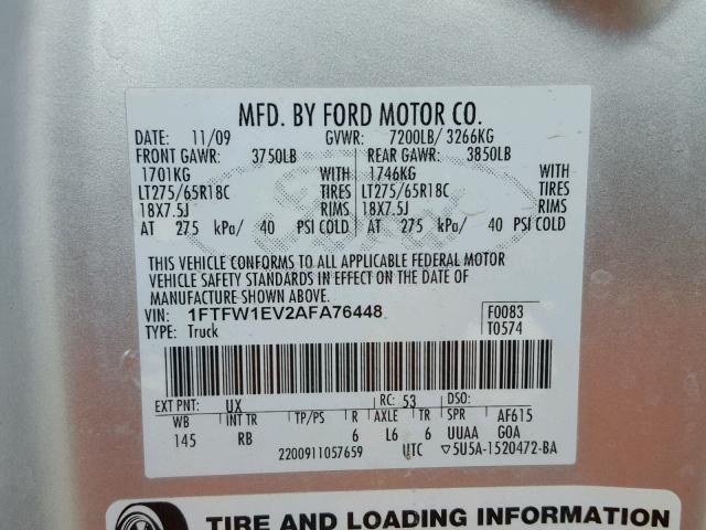 1FTFW1EV2AFA76448 - 2010 FORD F150 SUPER SILVER photo 10