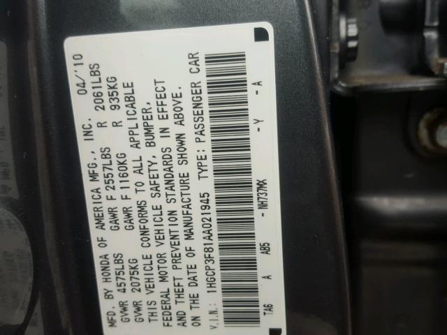 1HGCP3F81AA021945 - 2010 HONDA ACCORD EXL GRAY photo 10