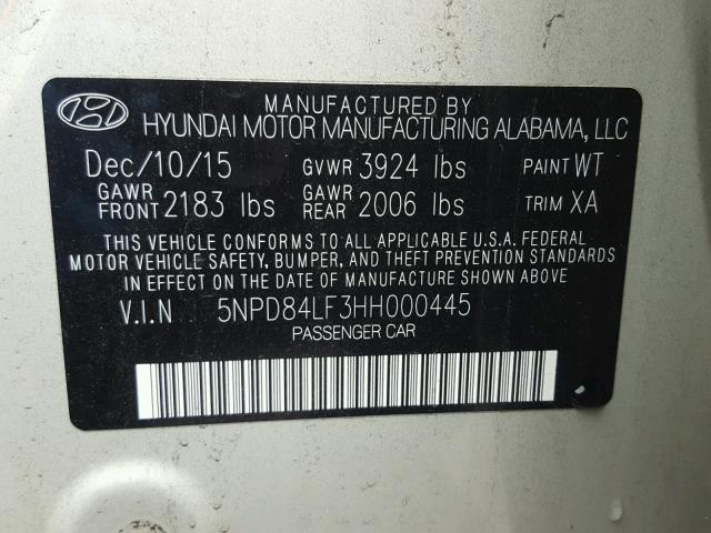 5NPD84LF3HH000445 - 2017 HYUNDAI ELANTRA SE SILVER photo 10