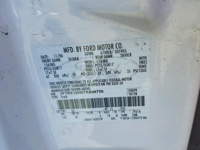 1FTRX12W67KB48758 - 2007 FORD F150 WHITE photo 10