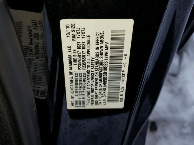 5FNRL5H69BB018523 - 2011 HONDA ODYSSEY EX BLACK photo 10