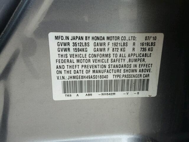 JHMGE8H49AS018040 - 2010 HONDA FIT GRAY photo 10