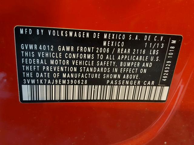 3VW1K7AJ9EM390628 - 2014 VOLKSWAGEN JETTA BASE წითელი ფოტო 10