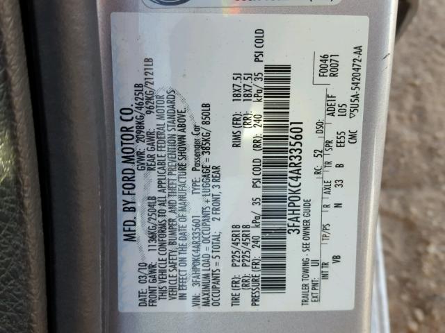 3FAHP0KC4AR335601 - 2010 FORD FUSION SPO SILVER photo 10