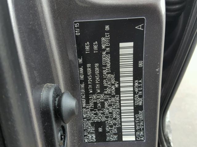 5TDZKRFH3FS064963 - 2015 TOYOTA HIGHLANDER GRAY photo 10