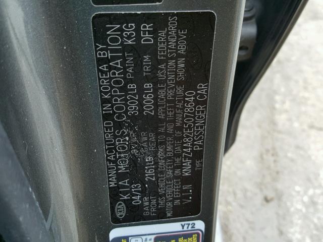 KNAFZ4A82E5078640 - 2014 KIA FORTE EX GRAY photo 10