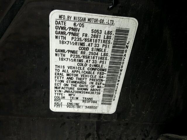 JN8AZ08W35W436739 - 2005 NISSAN MURANO SL BLACK photo 10