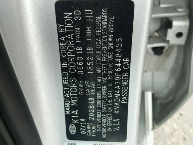 KNADM4A39F6448455 - 2015 KIA RIO LX SILVER photo 10