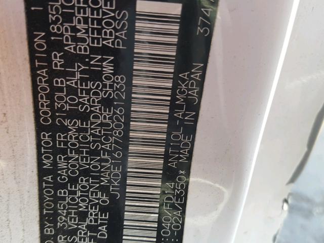 JTKDE167780261238 - 2008 TOYOTA SCION TC 白色 照片 10