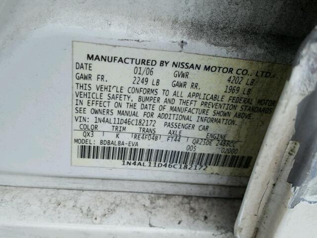 1N4AL11D46C182172 - 2006 NISSAN ALTIMA S WHITE photo 10