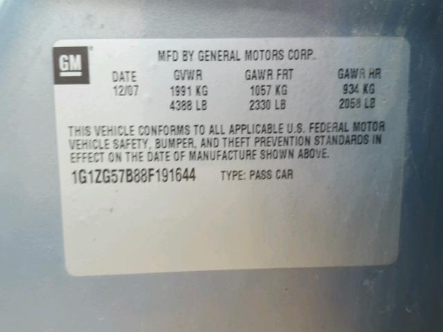 1G1ZG57B88F191644 - 2008 CHEVROLET MALIBU LS ვერცხლისფერი ფოტო 10