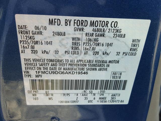 1FMCU9DG6AKD19546 - 2010 FORD ESCAPE XLT BLUE photo 10