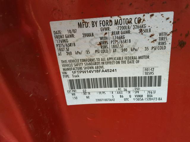 1FTPW14V18FA45241 - 2008 FORD F150 SUPER RED photo 10