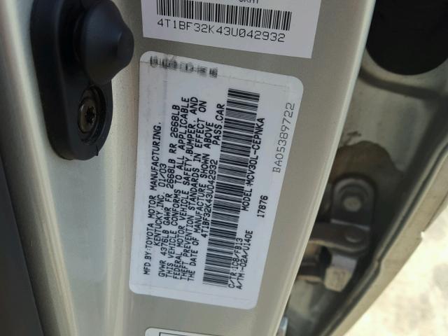 4T1BF32K43U042932 - 2003 TOYOTA CAMRY LE SILVER photo 10