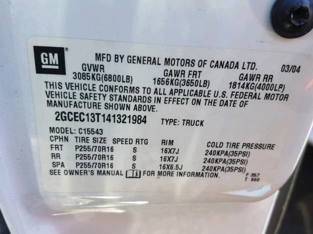 2GCEC13T141321984 - 2004 CHEVROLET SILVERADO WHITE photo 10