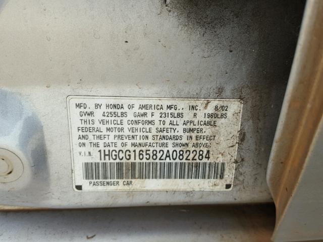 1HGCG16582A082284 - 2002 HONDA ACCORD EX SILVER photo 10