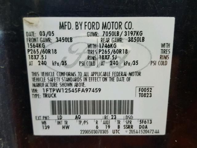 1FTPW12545FA97459 - 2005 FORD F150 SUPER BLUE photo 10