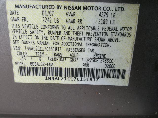 1N4AL21E17C151817 - 2007 NISSAN ALTIMA 2.5 BROWN photo 10