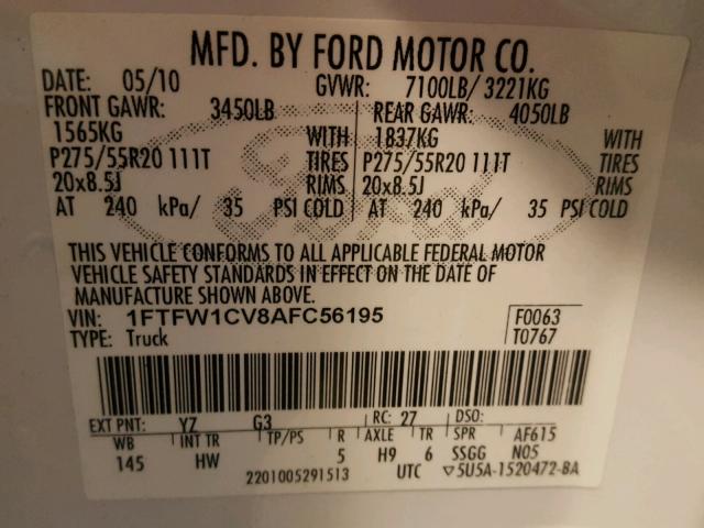 1FTFW1CV8AFC56195 - 2010 FORD F150 SUPER WHITE photo 10